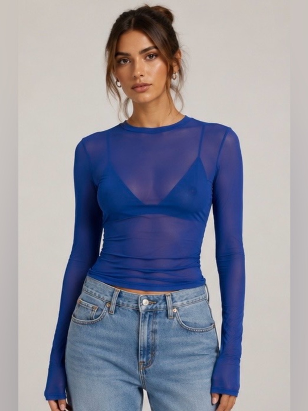 AFRM LOS ANGELES Blue Long Sleeve Mesh  Women's Top